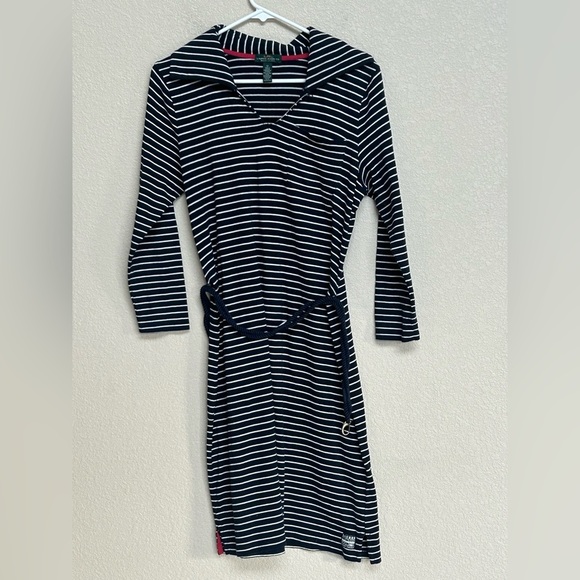 Lauren Jeans Co. Ralph Lauren Navy White Striped Belted Dress Size Medium - Picture 1 of 9